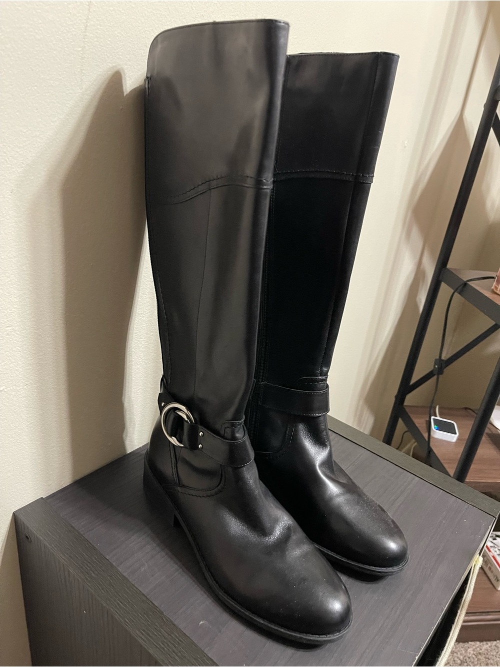 Marc Fisher Black Leather Over-the-Knee Riding Boots with Buckle